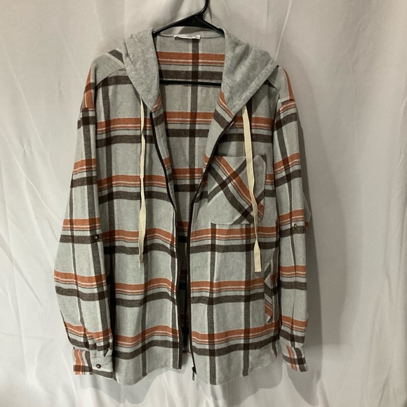Staccato Womens Fall Plaid Hooded Shacket Size Large Gray Orange Black NWOT - Picture 7 of 13